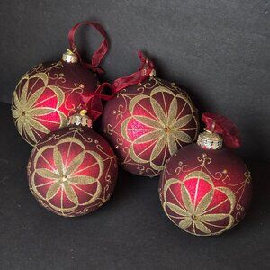 Frontgate Red Gold Flower Burst Glass Ornaments Set Of 4 Luxury Christmas 4–5"